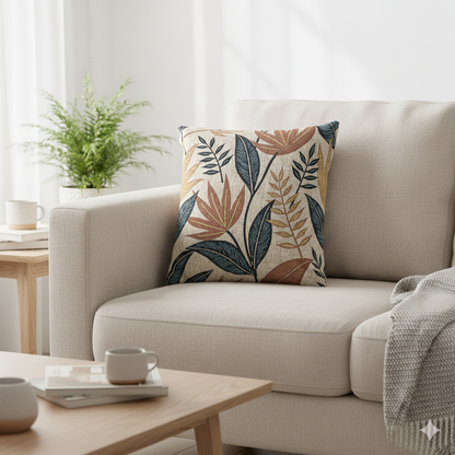 Oreiller tissé à motif de feuilles tropicales | Coussin décoratif botanique, design bleu rouille neutre