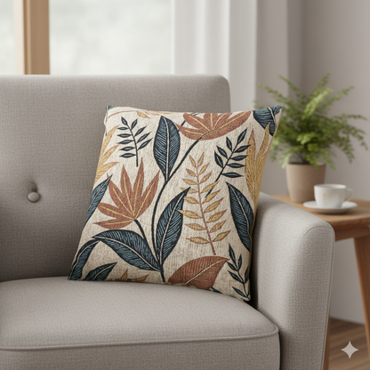 Oreiller tissé à motif de feuilles tropicales | Coussin décoratif botanique, design bleu rouille neutre