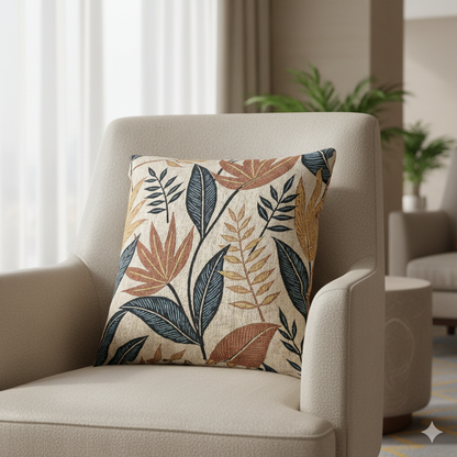 Oreiller tissé à motif de feuilles tropicales | Coussin décoratif botanique, design bleu rouille neutre