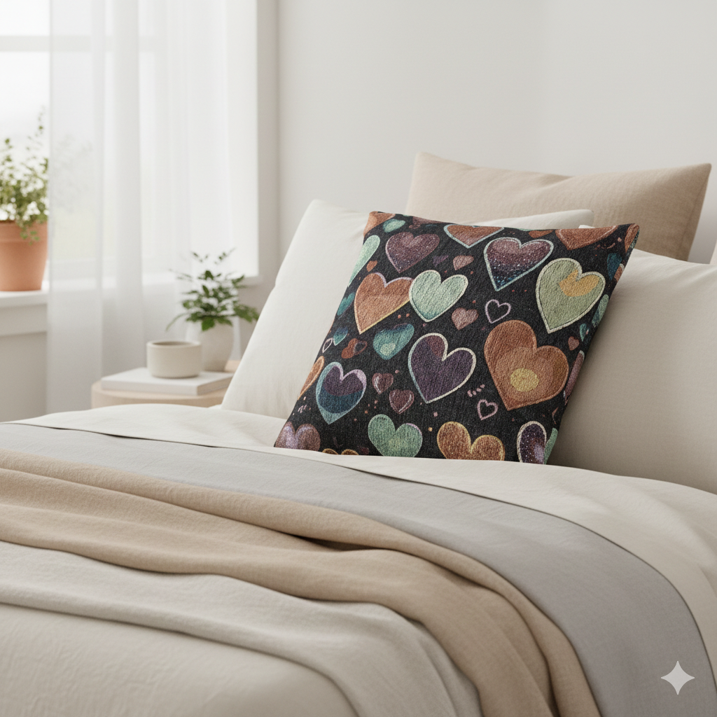 Oreiller tissé à motif de cœurs pastel | Coussin décoratif cœur, Décoration bohème