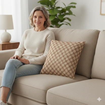 Oreiller à motif tissé à carreaux | Coussin décoratif géométrique marron neutre