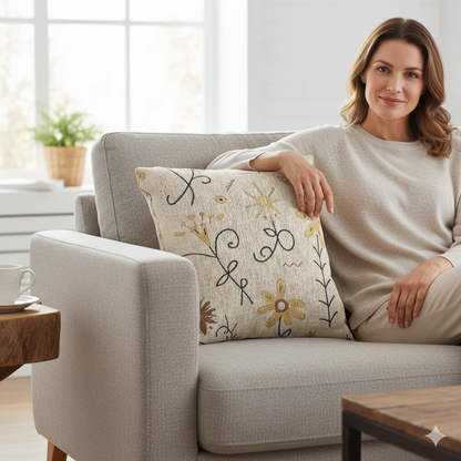 Coussin brodé tissé floral neutre | Coussin décoratif Bohème Chic et Campagne