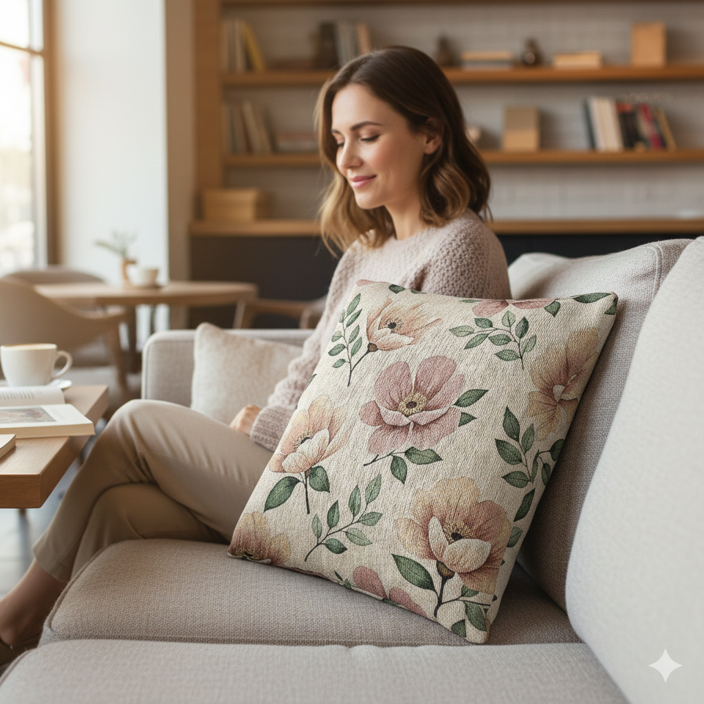 Élégant coussin tissé aquarelle – Accent floral luxueux pour salon