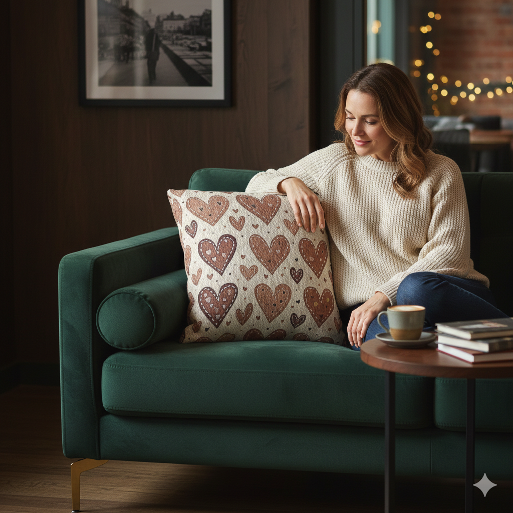 Coussin tissé à motif cœur neutre | Coussin décoratif bohème en forme de cœur