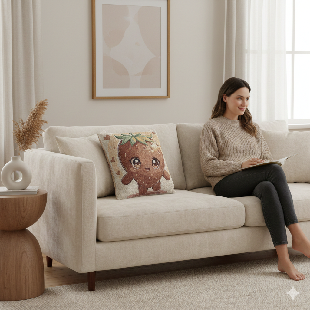 Oreiller décoratif tissé en forme de personnage fraise Kawaii