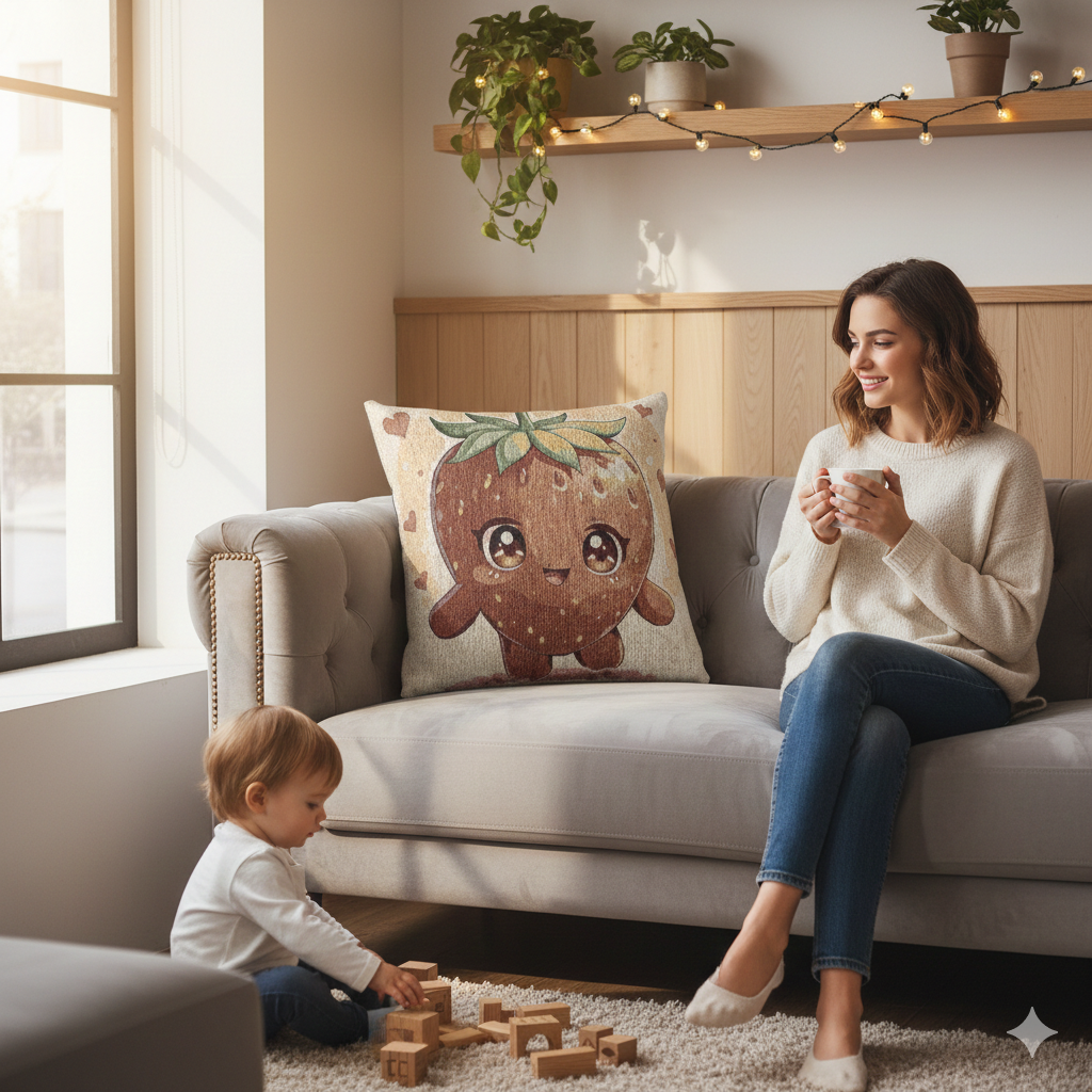 Oreiller décoratif tissé en forme de personnage fraise Kawaii