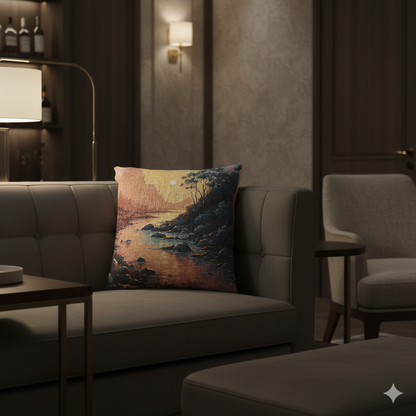 Coussin tissé Sunset Cove | coussin décoratif tapisserie paysage côtier