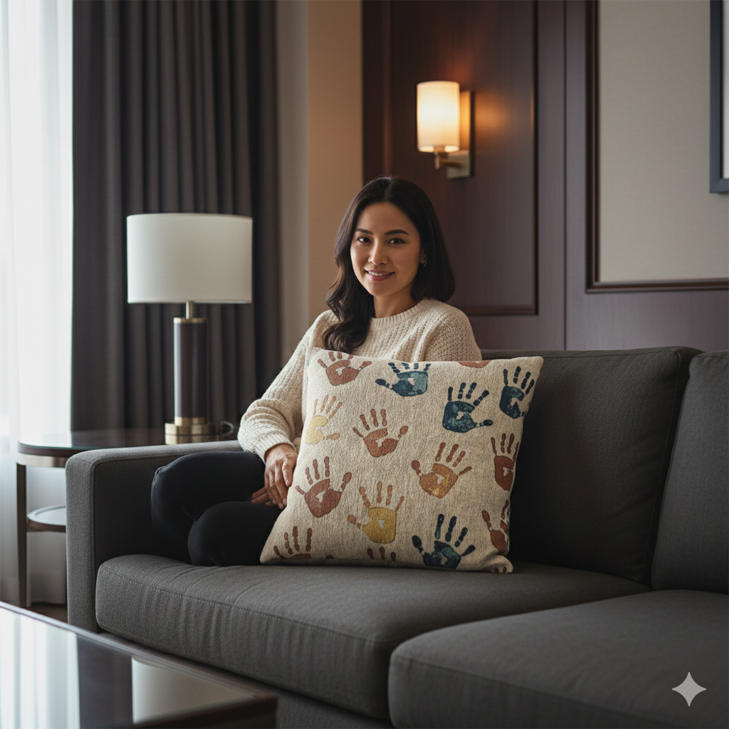 Coussin tissé à motif d'empreinte de main | Coussin décoratif bohème pour chambre d'enfant