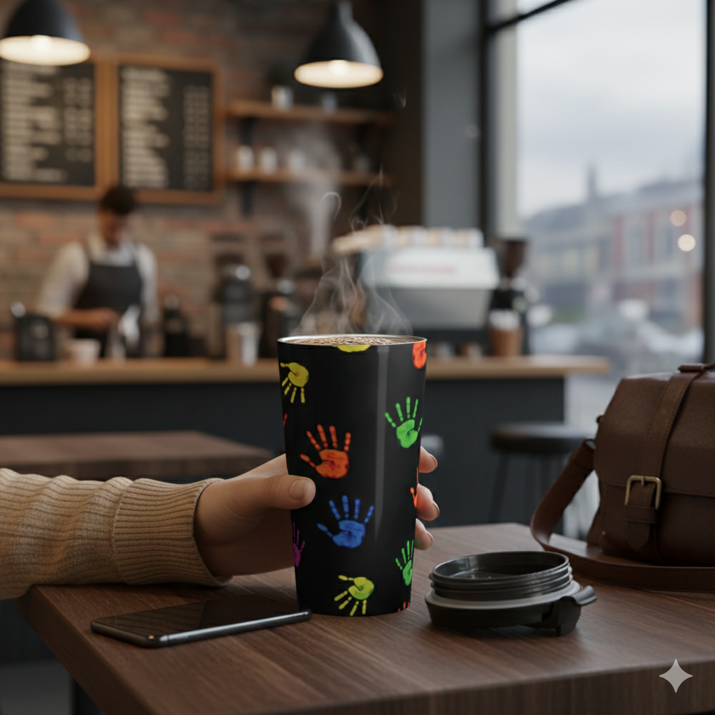 Mug de voyage — Gobelet isotherme en acier inoxydable à motif d'empreintes de mains colorées