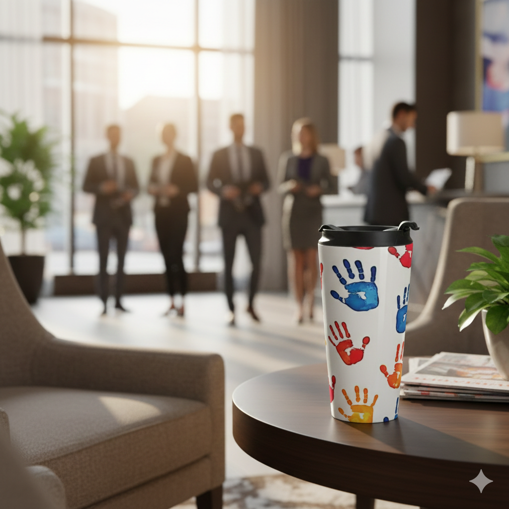 Mug de voyage en acier inoxydable avec empreintes de mains colorées — Motif artistique pour enfants, gobelet à café anti-déversement
