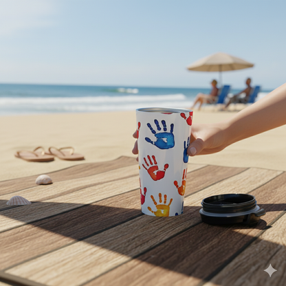 Mug de voyage en acier inoxydable avec empreintes de mains colorées — Motif artistique pour enfants, gobelet à café anti-déversement