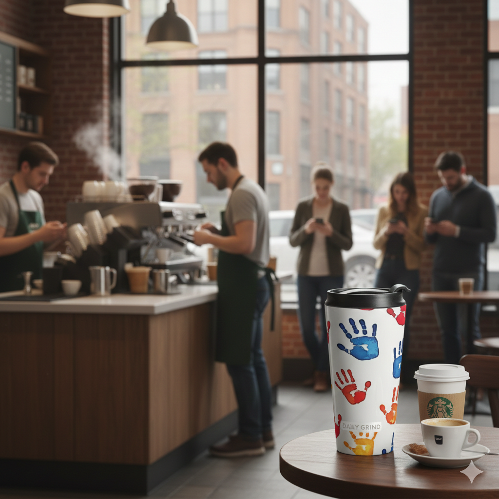 Mug de voyage en acier inoxydable avec empreintes de mains colorées — Motif artistique pour enfants, gobelet à café anti-déversement