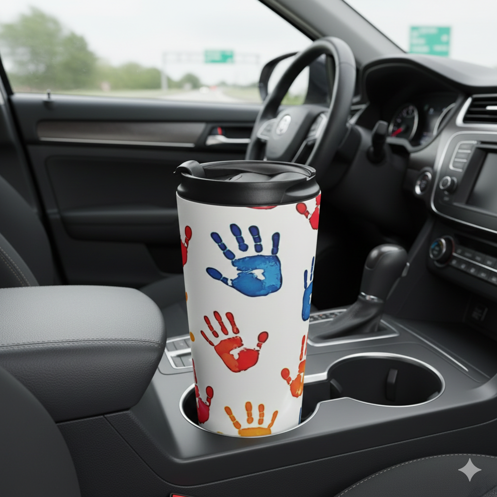 Mug de voyage en acier inoxydable avec empreintes de mains colorées — Motif artistique pour enfants, gobelet à café anti-déversement