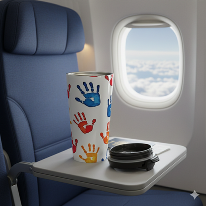 Mug de voyage en acier inoxydable avec empreintes de mains colorées — Motif artistique pour enfants, gobelet à café anti-déversement
