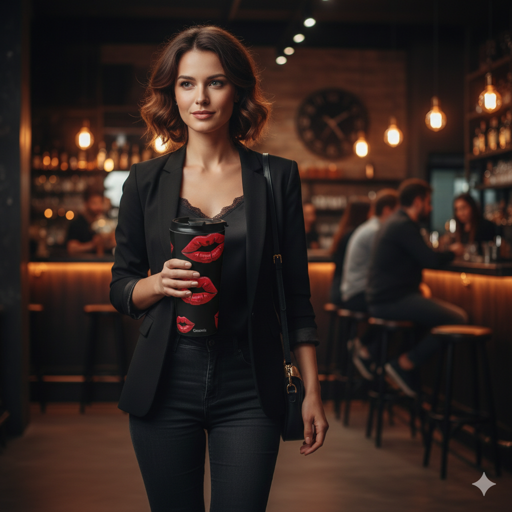 Mug de voyage à motif Baiser de rouge à lèvres rouge | Acier inoxydable noir