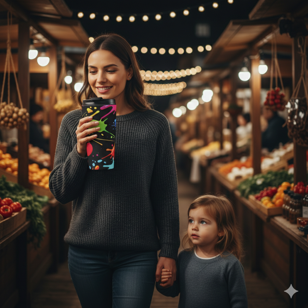 Mug de voyage en acier inoxydable éclat de peinture néon | Gobelet éclaboussures colorées