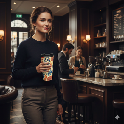 Tasse de voyage en acier inoxydable motif floral coloré | Botaniques bleues et oranges