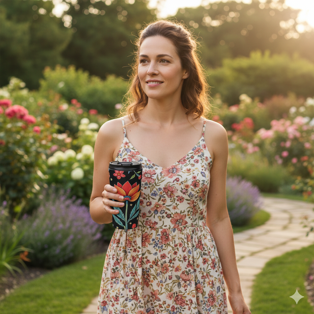 Mug de voyage en acier inoxydable à motifs floraux | Fleurs colorées