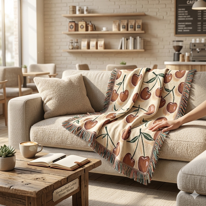 Couverture tissée à motif cerises — Jeté de fruits rétro pour salon et chambre