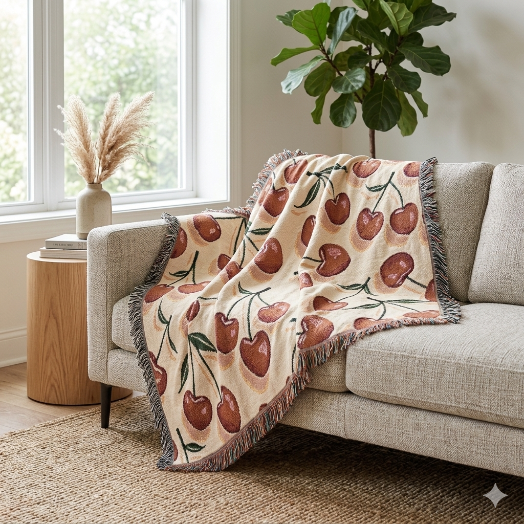Couverture tissée à motif cerises — Jeté de fruits rétro pour salon et chambre