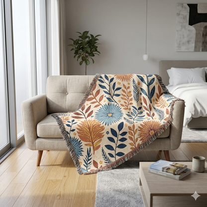 Couverture tissée florale — Plaid bohème réversible pour salon et chambre