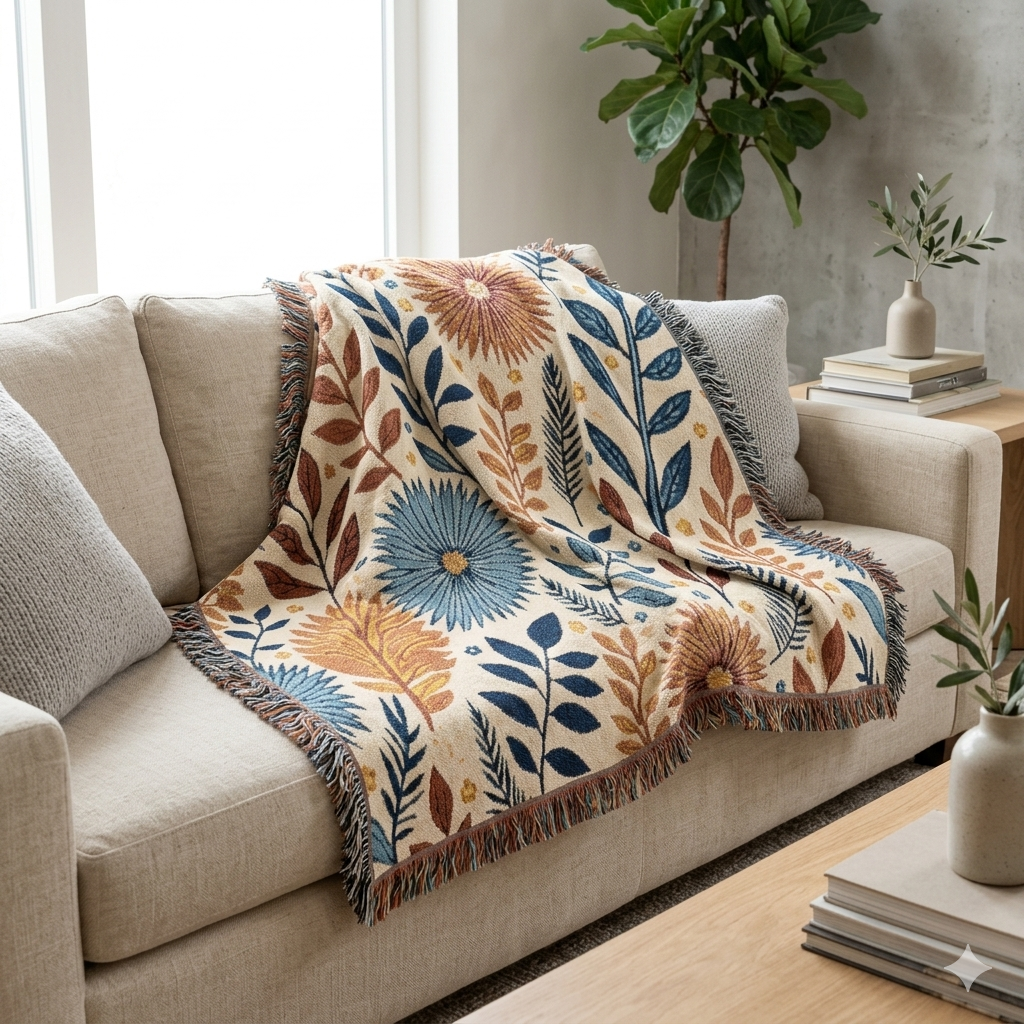 Couverture tissée florale — Plaid bohème réversible pour salon et chambre