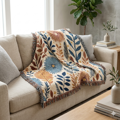 Couverture tissée florale — Plaid bohème réversible pour salon et chambre