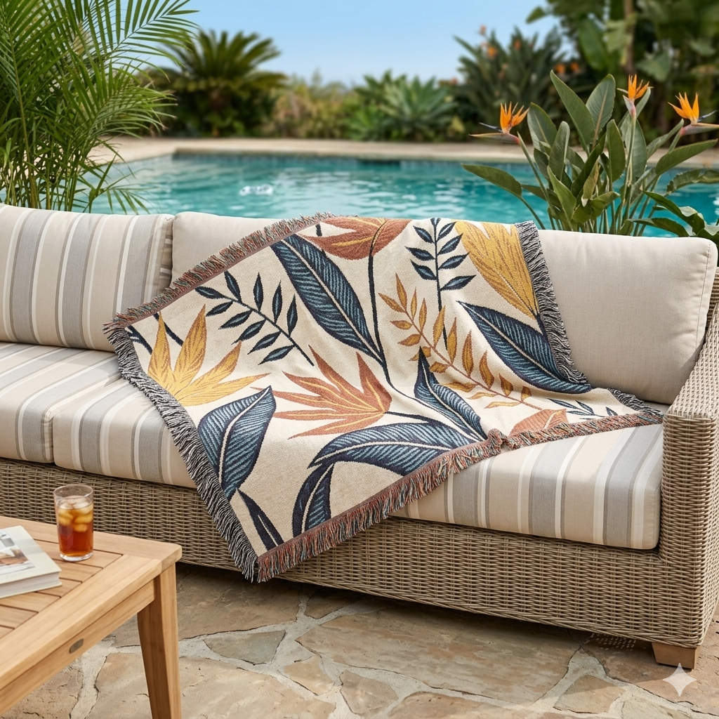 Couverture tissée à motif de feuilles tropicales — Jeté botanique bohème pour canapé et lit