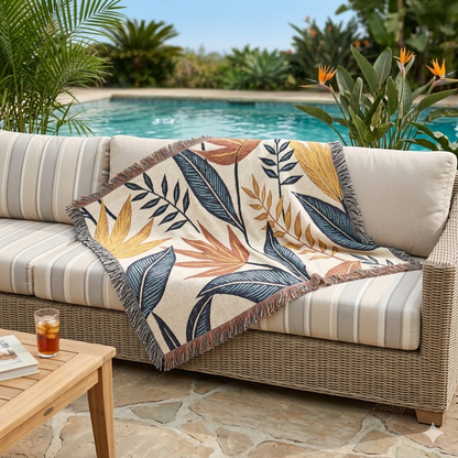 Couverture tissée à motif de feuilles tropicales — Jeté botanique bohème pour canapé et lit