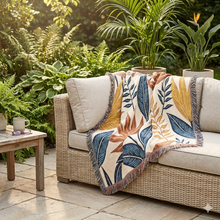 Tropical Leaf Woven Blanket — Boho Botanical Throw for Sofa & Bed