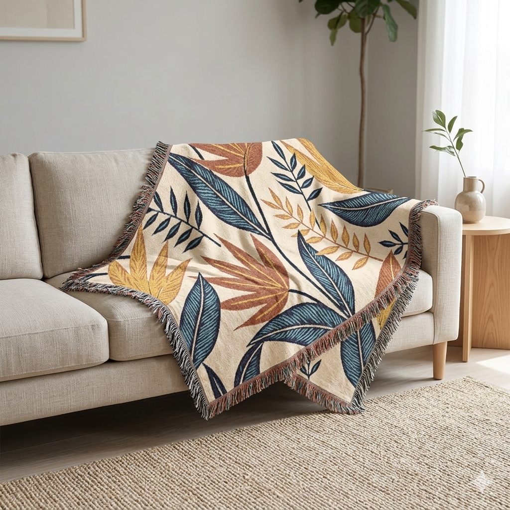 Couverture tissée à motif de feuilles tropicales — Jeté botanique bohème pour canapé et lit