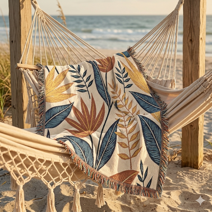 Couverture tissée à motif de feuilles tropicales — Jeté botanique bohème pour canapé et lit