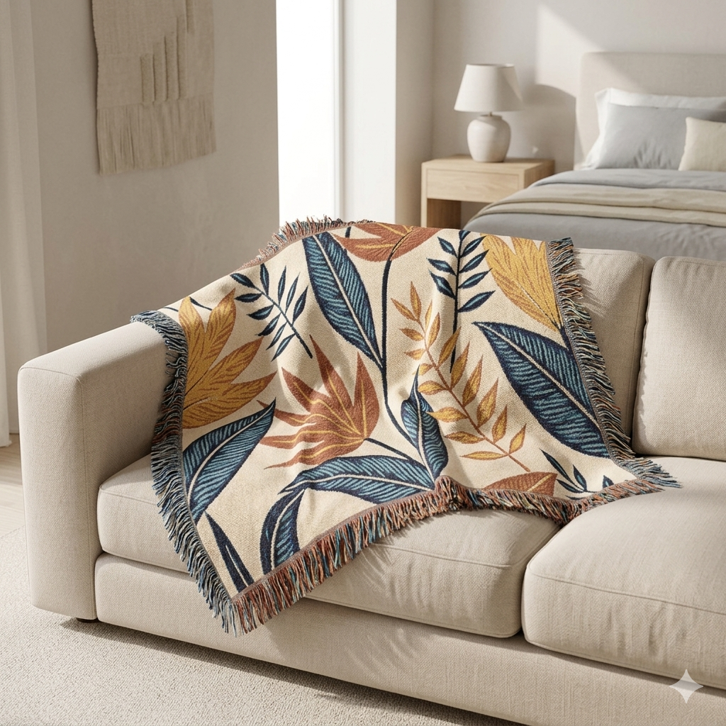 Couverture tissée à motif de feuilles tropicales — Jeté botanique bohème pour canapé et lit