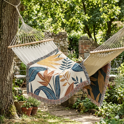 Couverture tissée à motif de feuilles tropicales — Jeté botanique bohème pour canapé et lit