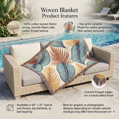 Jeté de lit tissé à motif feuilles tropicales – Décor bohème côtier pour salon et patio