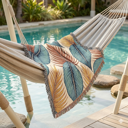 Jeté de lit tissé à motif feuilles tropicales – Décor bohème côtier pour salon et patio
