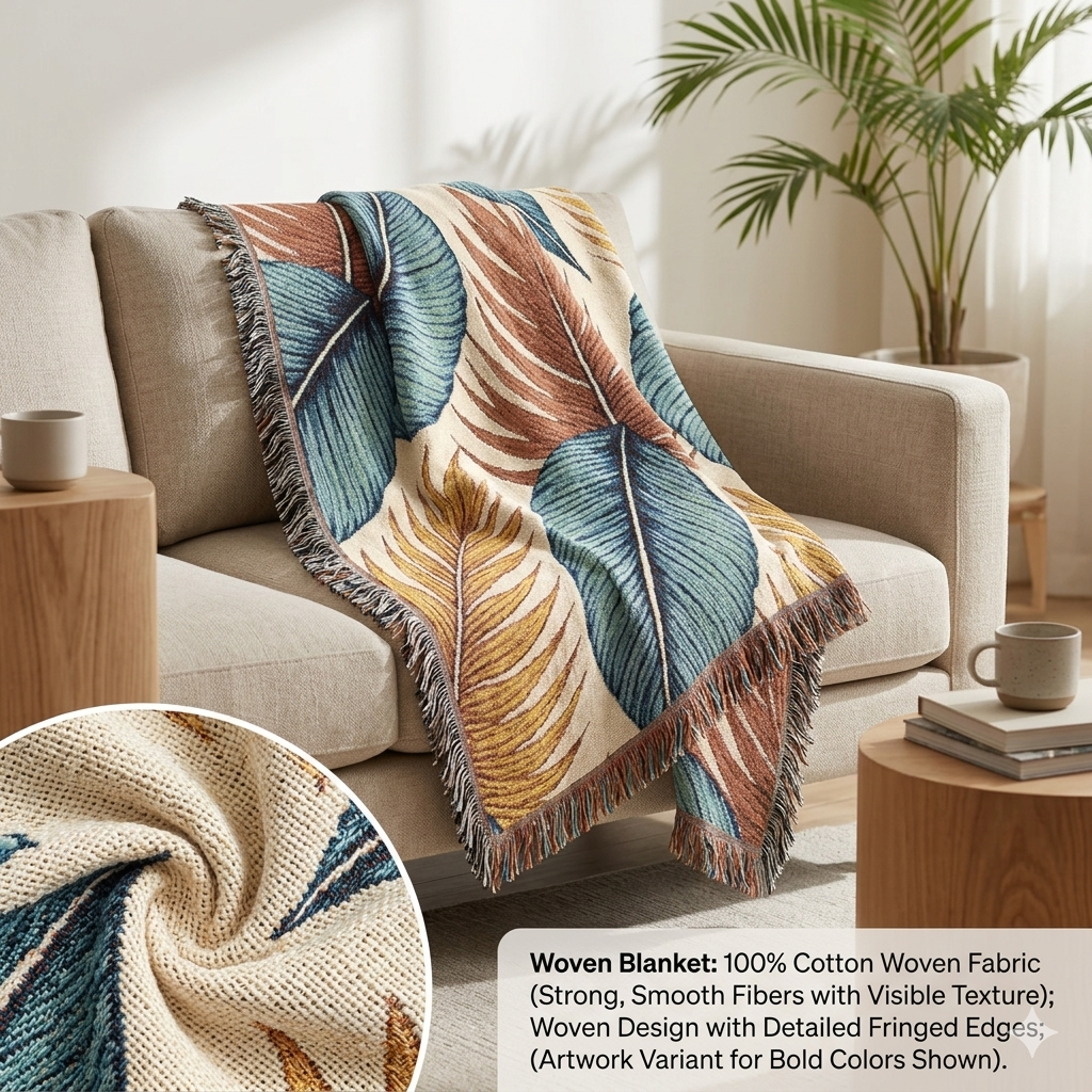 Jeté de lit tissé à motif feuilles tropicales – Décor bohème côtier pour salon et patio