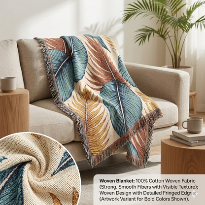 Jeté de lit tissé à motif feuilles tropicales – Décor bohème côtier pour salon et patio