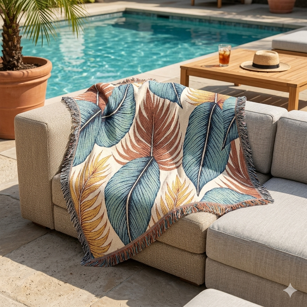Jeté de lit tissé à motif feuilles tropicales – Décor bohème côtier pour salon et patio