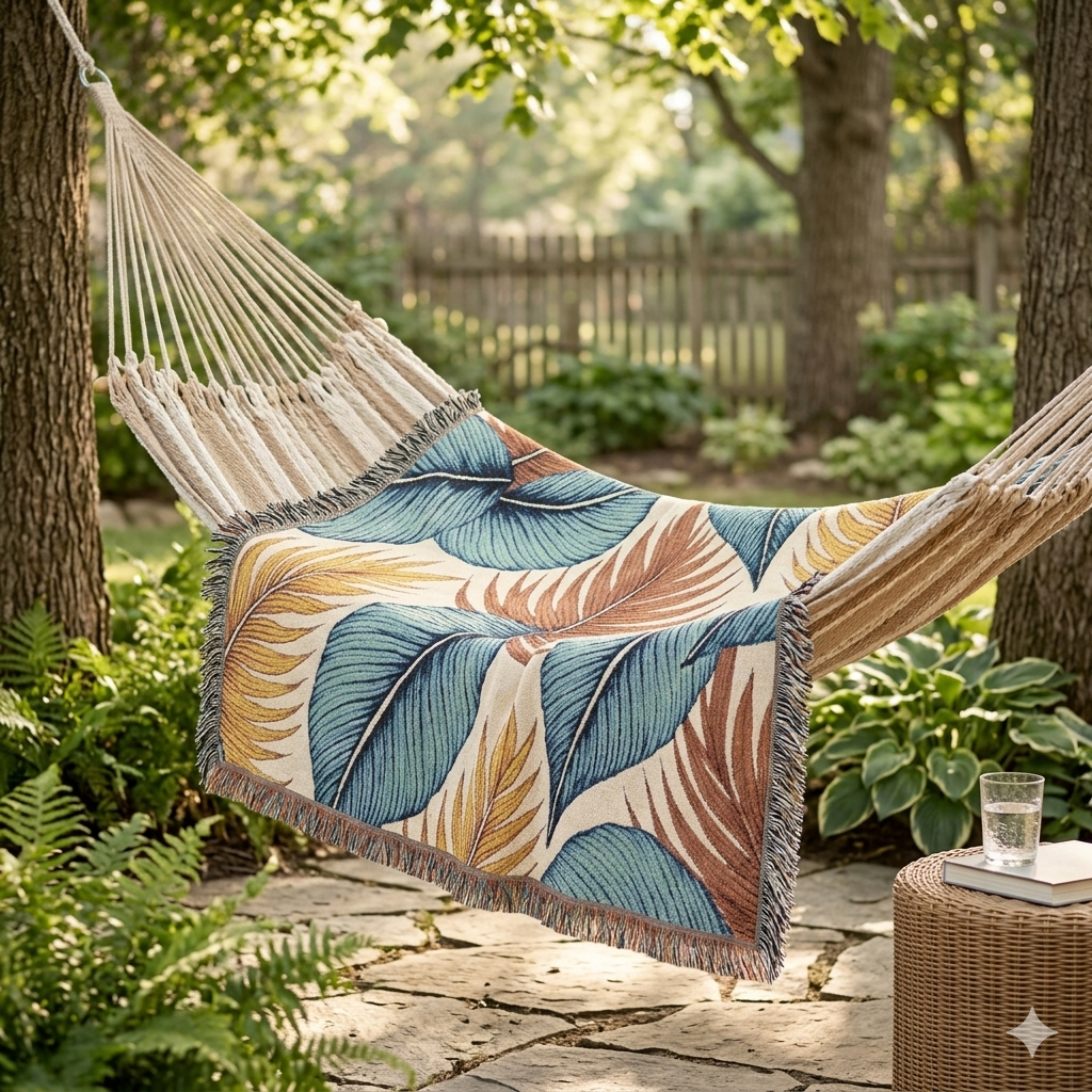 Jeté de lit tissé à motif feuilles tropicales – Décor bohème côtier pour salon et patio