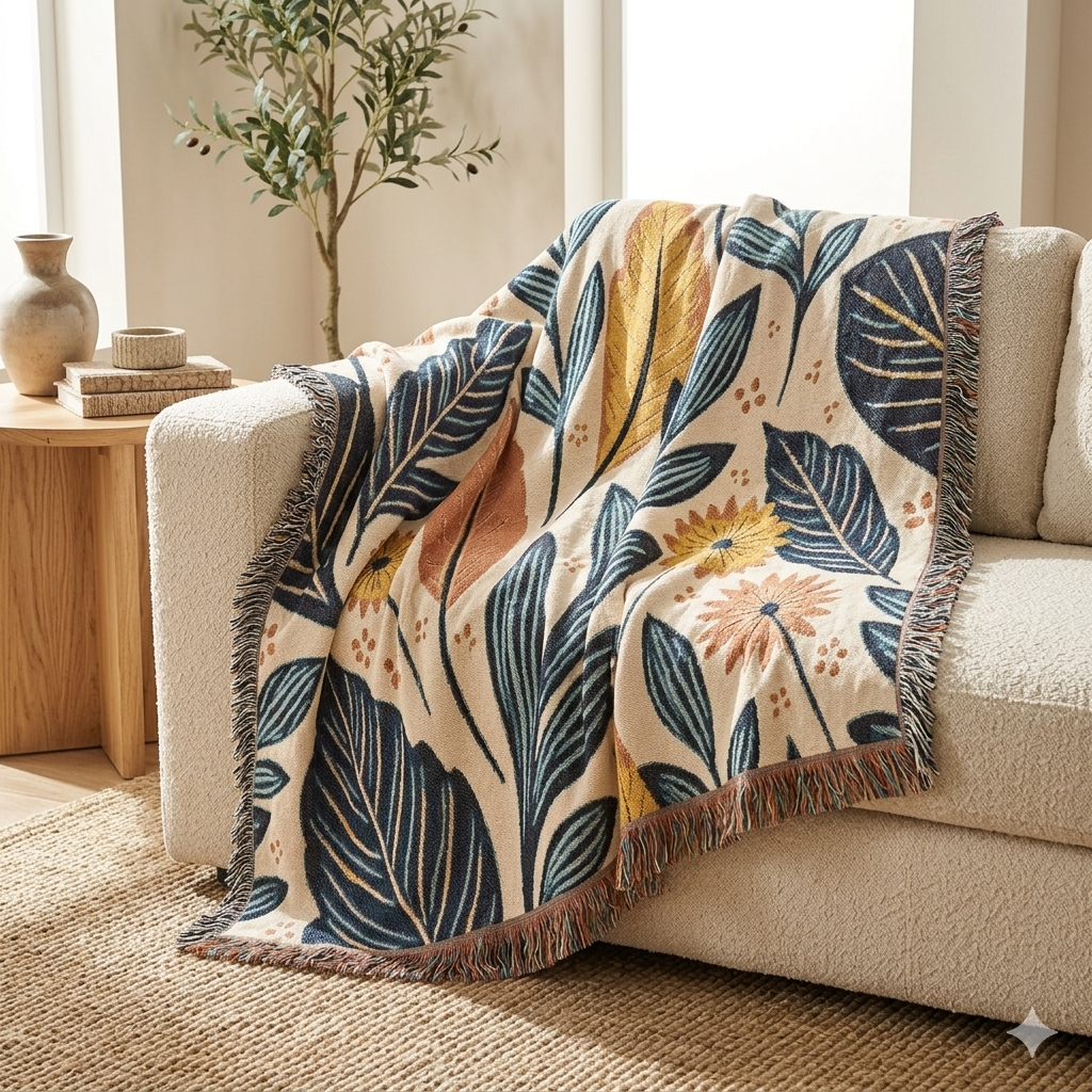Couverture tissée à motif de feuilles botaniques — Jeté floral réversible pour le salon et la chambre à coucher