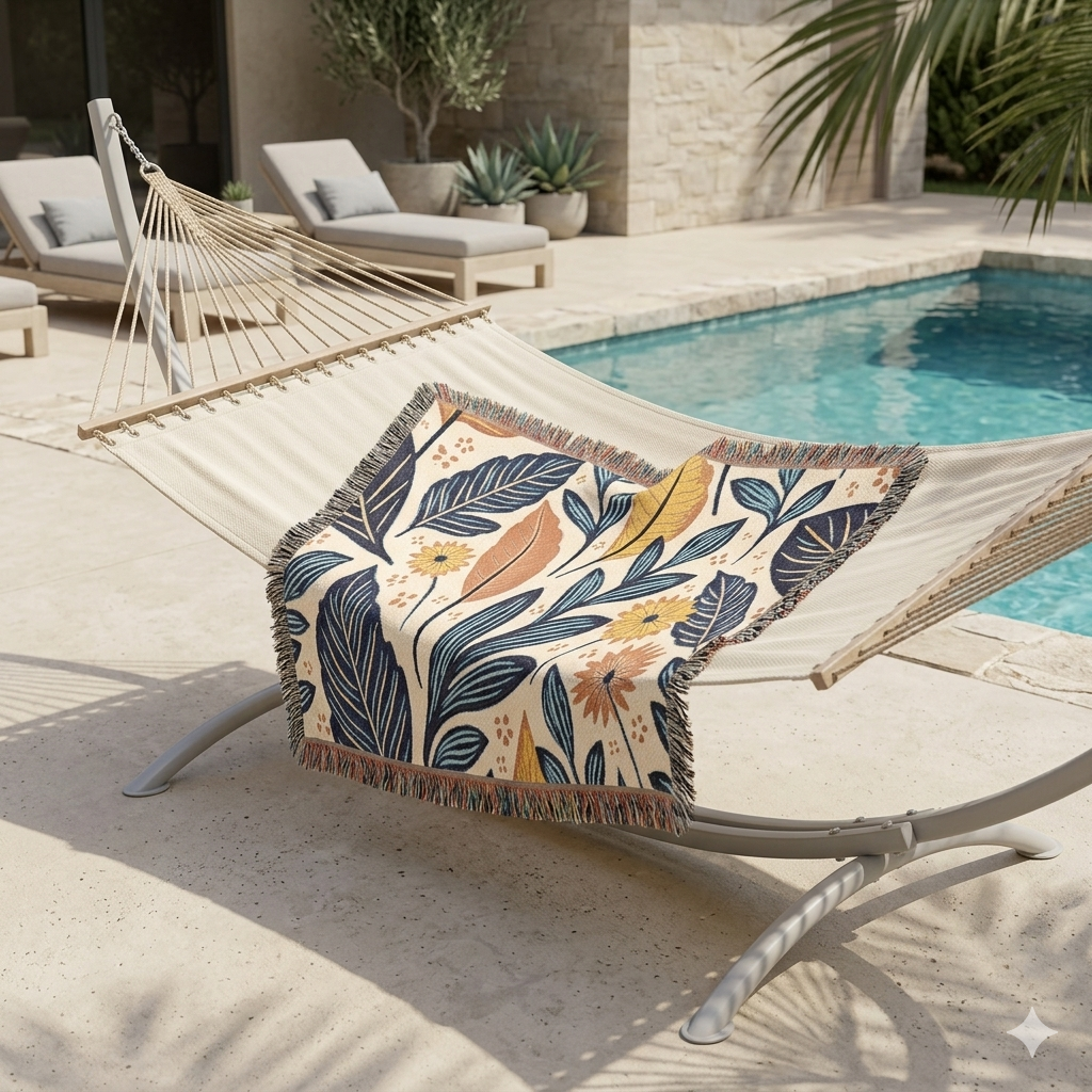 Couverture tissée à motif de feuilles botaniques — Jeté floral réversible pour le salon et la chambre à coucher