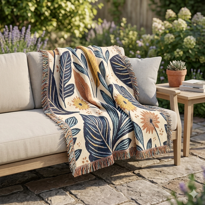 Couverture tissée à motif de feuilles botaniques — Jeté floral réversible pour le salon et la chambre à coucher