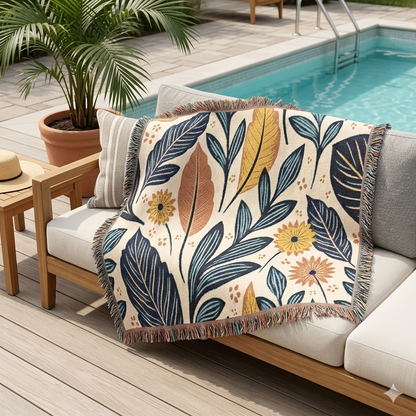 Couverture tissée à motif de feuilles botaniques — Jeté floral réversible pour le salon et la chambre à coucher