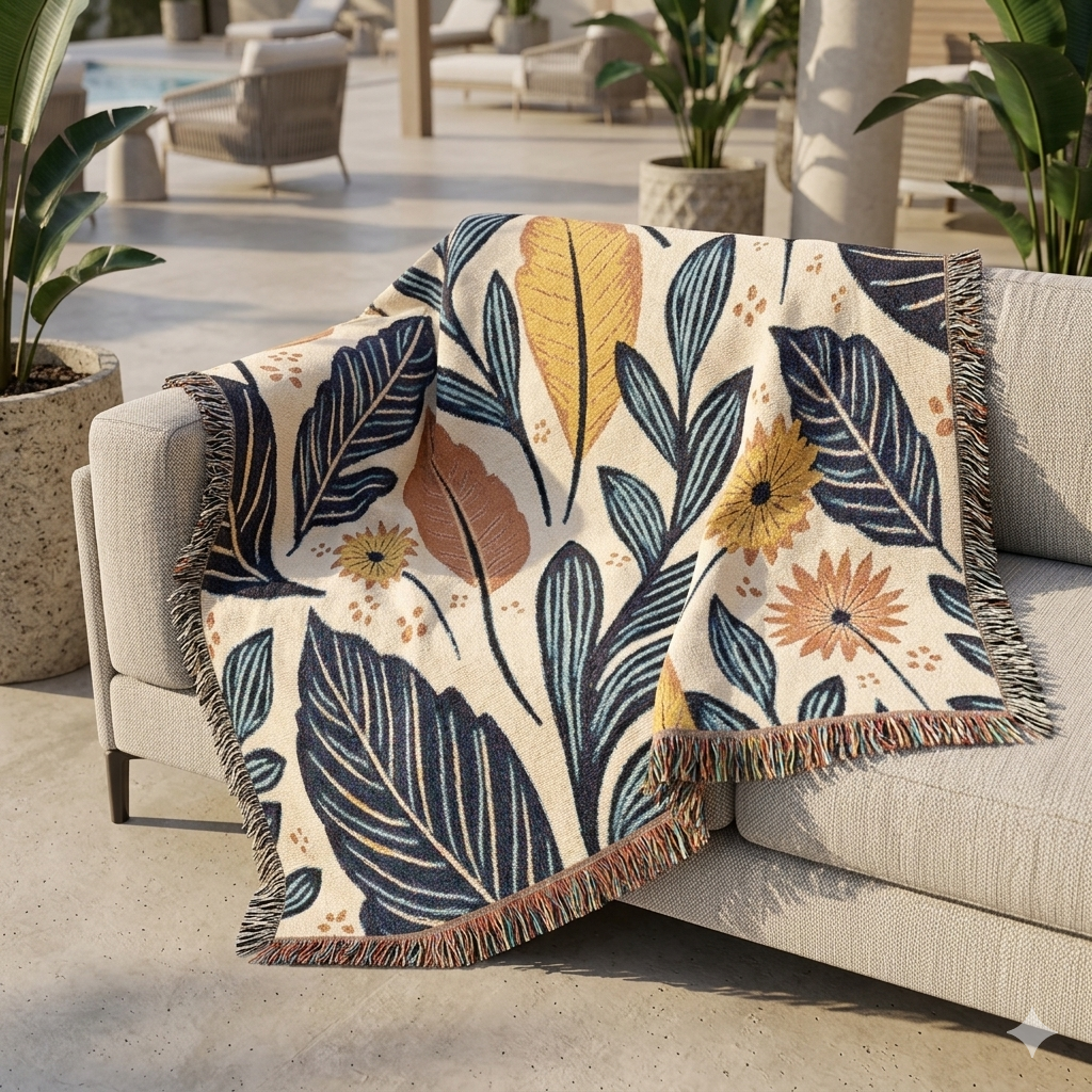 Couverture tissée à motif de feuilles botaniques — Jeté floral réversible pour le salon et la chambre à coucher