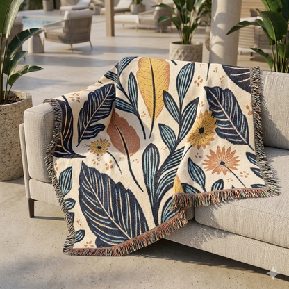 Couverture tissée à motif de feuilles botaniques — Jeté floral réversible pour le salon et la chambre à coucher