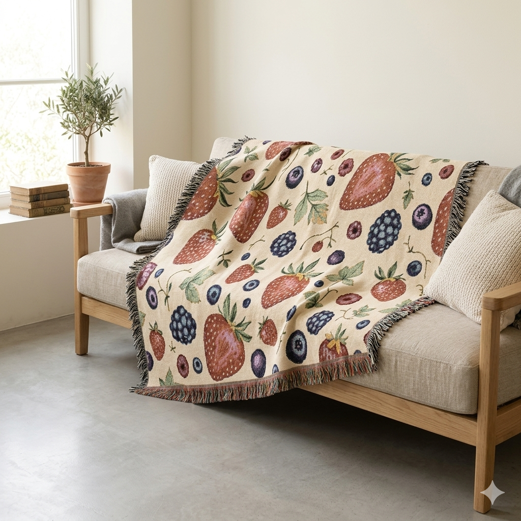 Couverture tissée "Parterre de fraises" — Jeté à motif de fruits pour cuisine, pique-nique et décoration intérieure douillette
