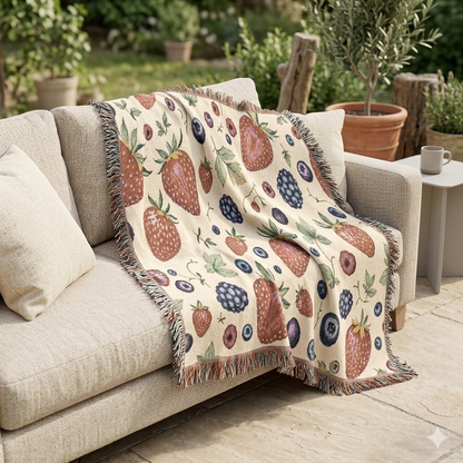 Couverture tissée "Parterre de fraises" — Jeté à motif de fruits pour cuisine, pique-nique et décoration intérieure douillette