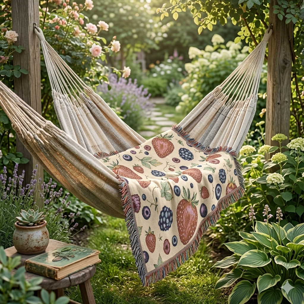 Couverture tissée "Parterre de fraises" — Jeté à motif de fruits pour cuisine, pique-nique et décoration intérieure douillette