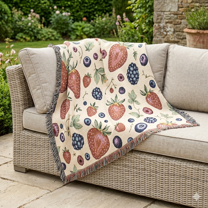 Couverture tissée "Parterre de fraises" — Jeté à motif de fruits pour cuisine, pique-nique et décoration intérieure douillette
